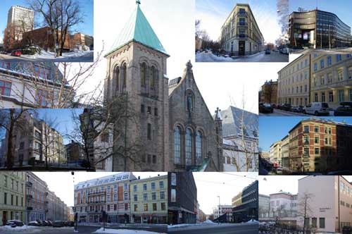 Klikk for større bilde av Frogner kirke omgitt av områder fra utvidelsen av soknet.